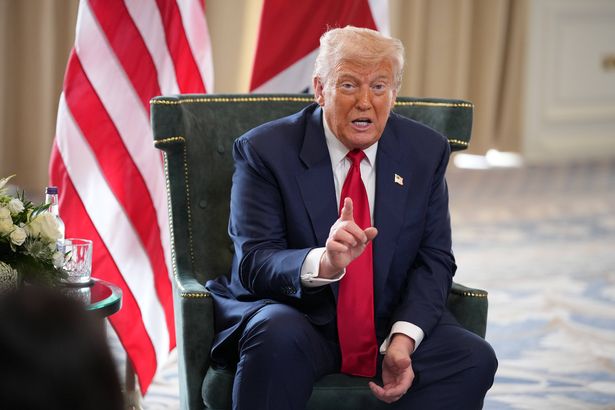 TURNBERRY, SCOTLAND - JULY 28: U.S. President Donald Trump gestures as he meets British Prime Minister Keir Starmer for bilateral talks at Trump Turnberry golf club on July 28, 2025 in Turnberry, Scotland. The pair are meeting at Turnberry before traveling together to Aberdeenshire to have a private dinner at another Trump-owned golf club. President Trump is visiting Scotland in a trip that’s part-vacation, part-work, as he stays at his Trump Turnberry golf course, followed by the Trump International Golf Links in Aberdeenshire, between July 25 to 29. (Photo by Andrew Harnik/Getty Images)