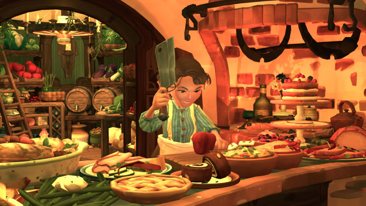 A hobbit cooks in her kitchen.