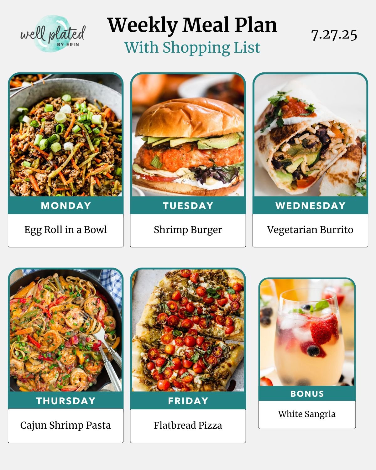 Weekly meal plan showing photos of egg roll bowl, shrimp burger, vegetarian burrito, shrimp pasta, pizza, and sangria.