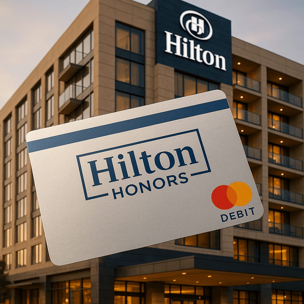 A picture of a hotel and a beat card to illustrate how to achieve Hilton Honors Silver Status for just £30