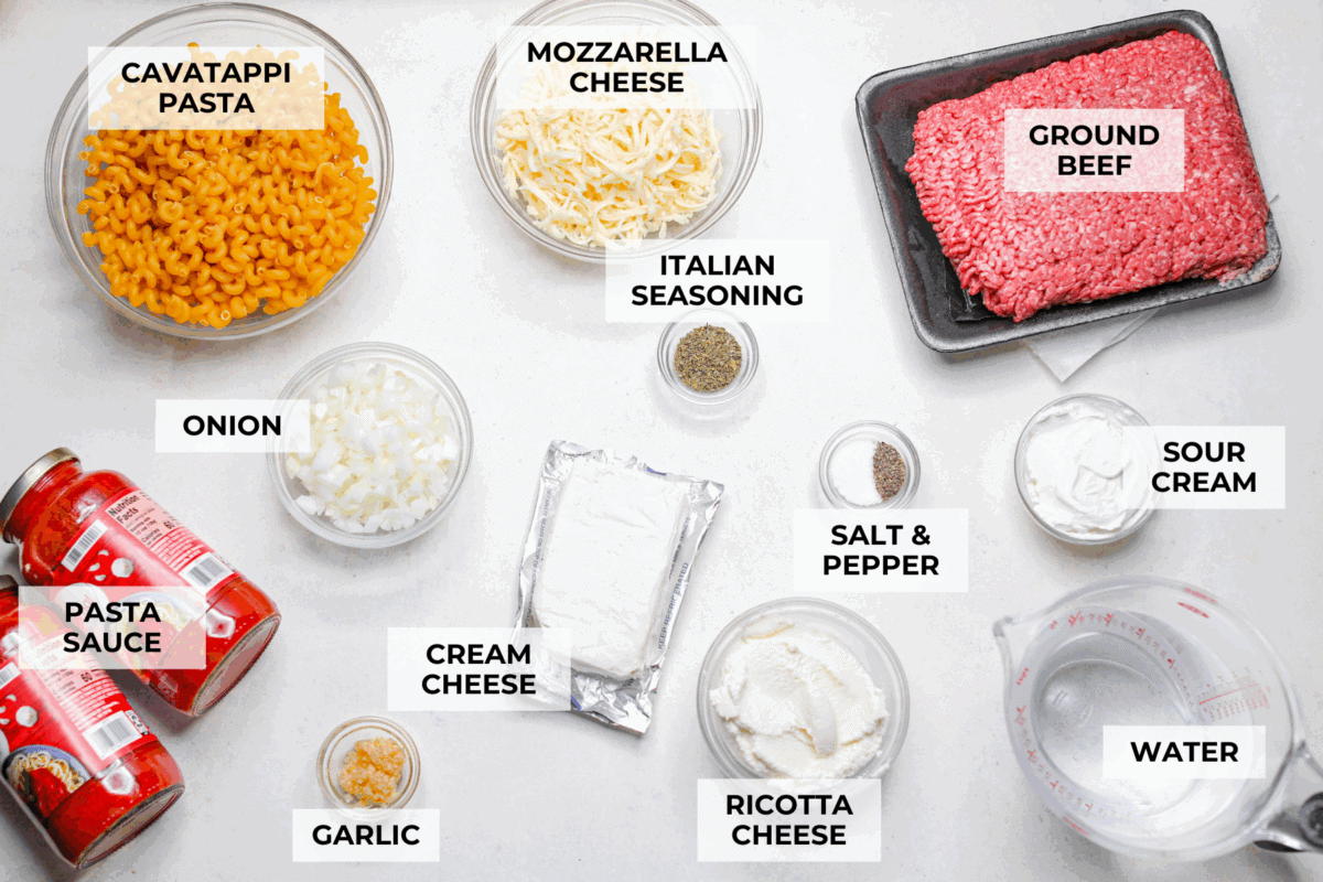 Overhead shot of labeled ingredients. 