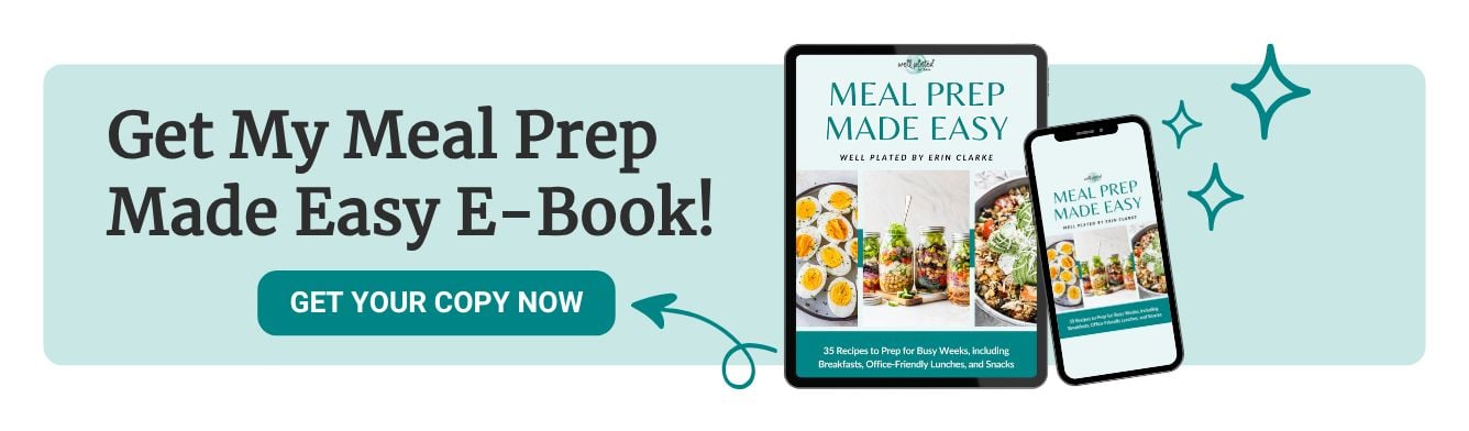 Banner reading “Get My Meal Prep Made Easy E-Book!” with a button labeled “Get Your Copy Now.” Shows an e-book cover on a tablet and phone, featuring plated meals and the title “Meal Prep Made Easy.”.
