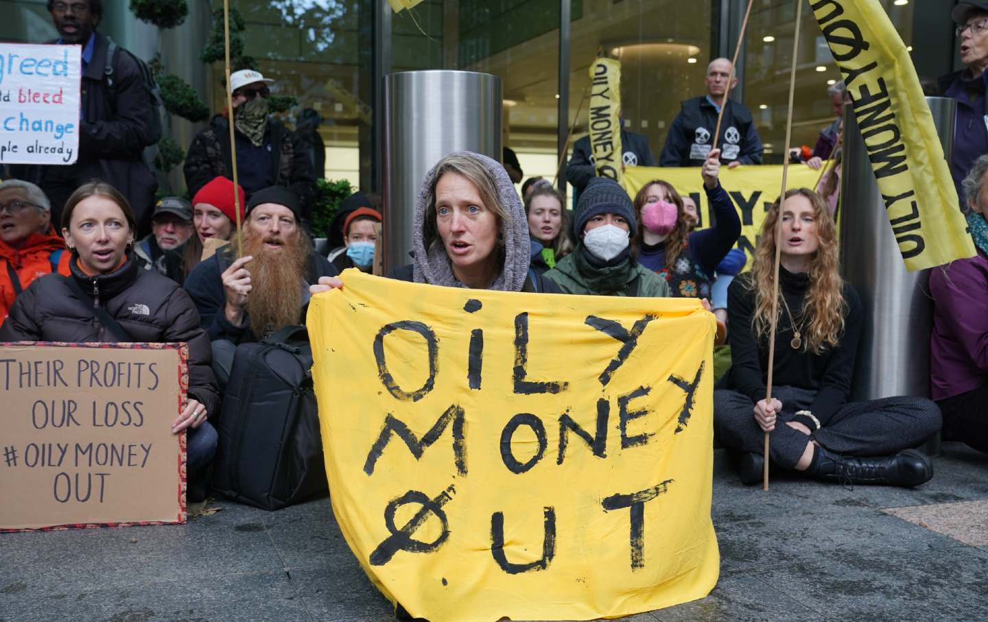 Protesters from Fossil Free London demonstrate outside Barclays Canary Wharf to disrupt the Energy Intelligence Forum (EIF) summit.