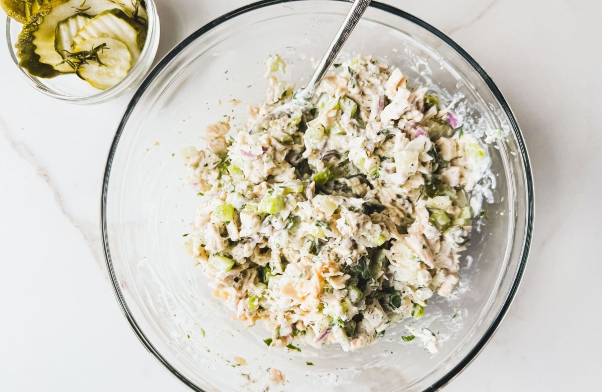 dill pickle chicken salad in a bowl