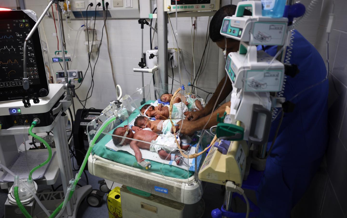 Premature babies receive care in an incubator at Al-Helou Hospital, where they are at risk due to fuel shortages, in Gaza City, on July 17, 2025.