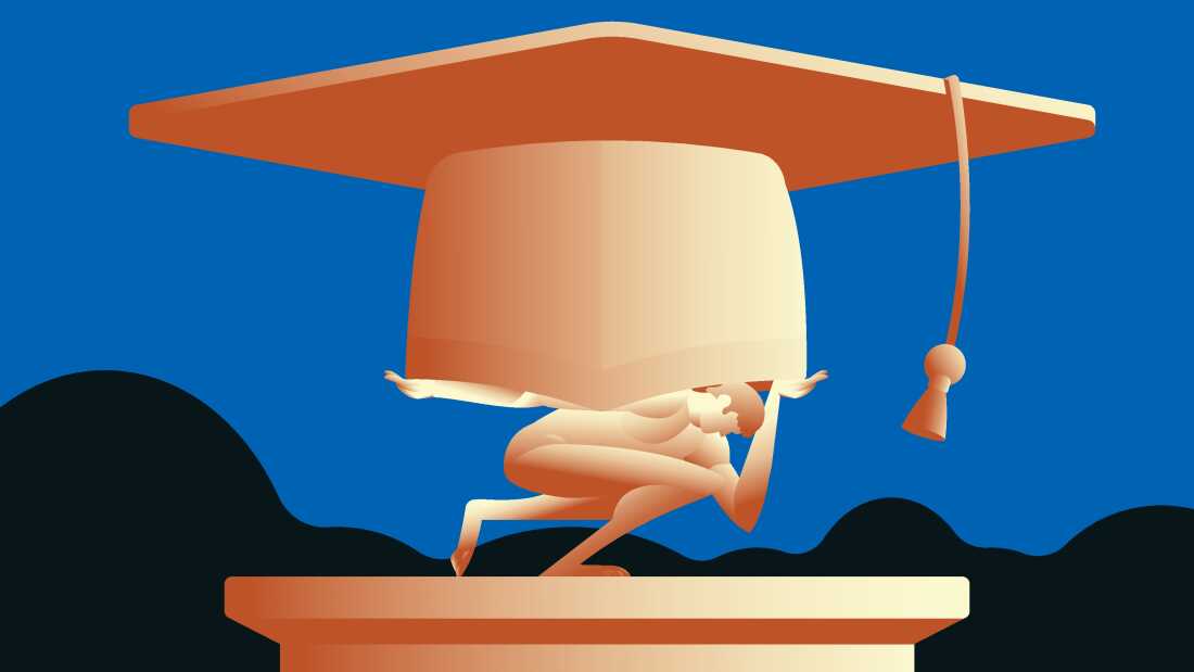 Statue of Atlas holding giant gaduate cap. Student loan problems, expensive education concept. Vector illustration.