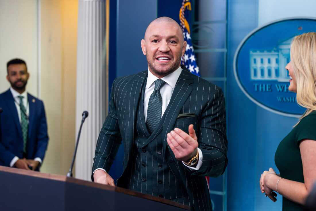 Former UFC fighter Conor McGregor speaks in the James S. Brady Press Briefing Room of the White House in Washington, D.C., on March 17.