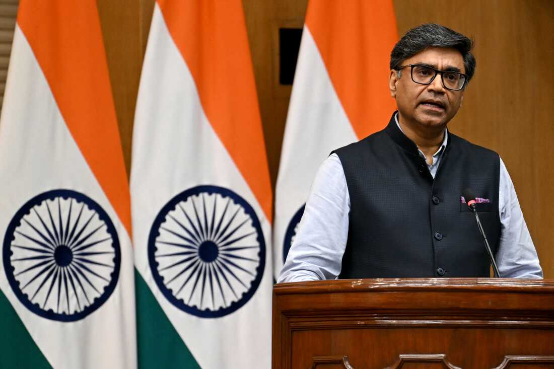 Indian Foreign Secretary Vikram Misri speaks during a press briefing in New Delhi on May 10.