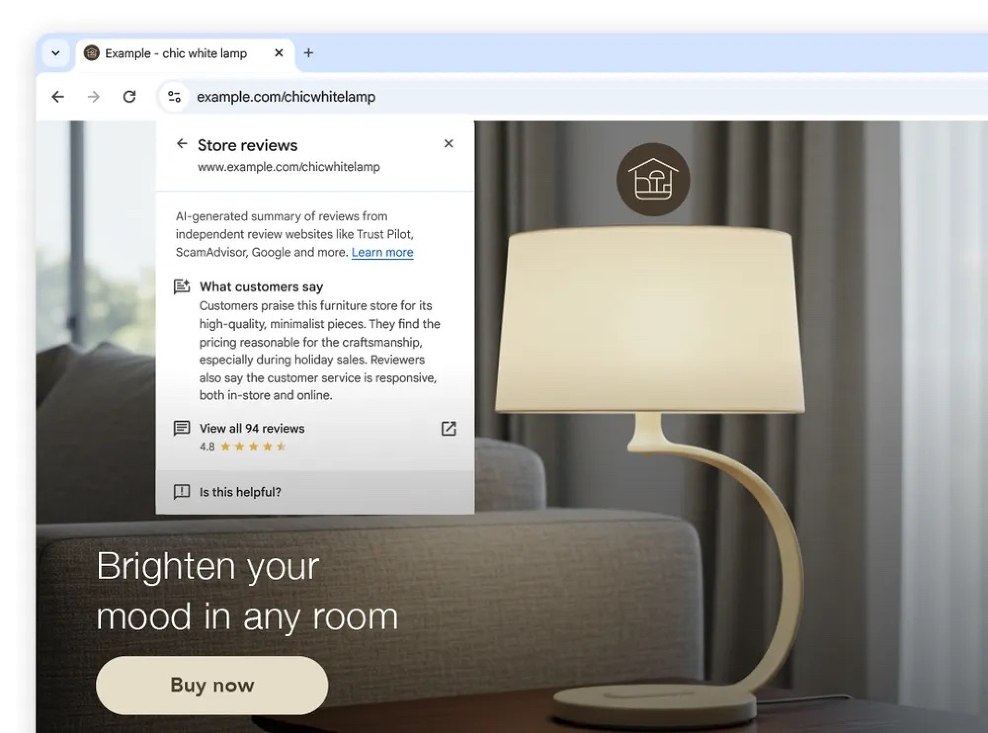 google chrome store review for a site selling a lamp