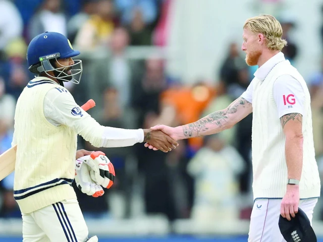 england captain ben stokes and india s ravindra jadeja shake hands as the fourth test concludes in manchester photo icc england captain ben stokes and india s ravindra jadeja shake hands as the fourth test concludes in manchester photo icc