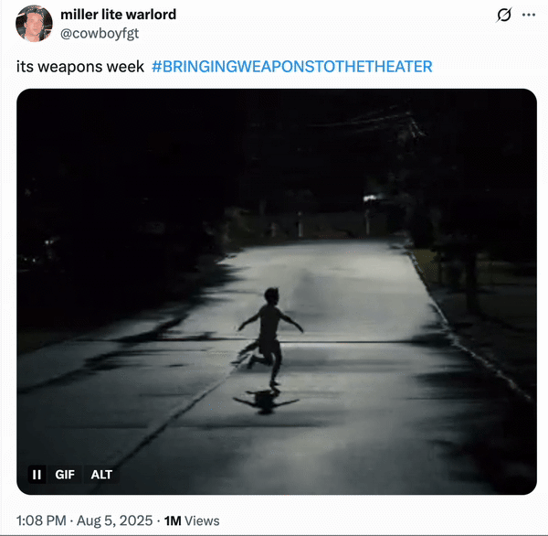 X user @cowboyfgt posted a GIF of a child running with their arms sticking out, writing,