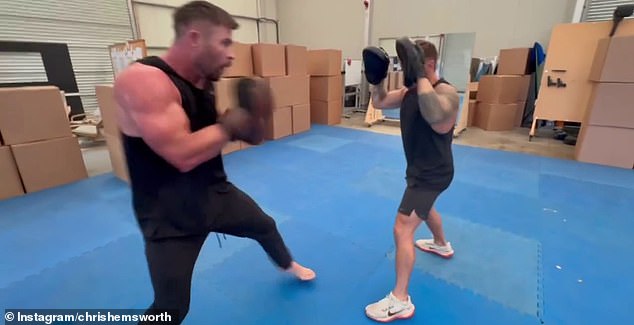 Chris Hemsworth (left), who rung in his 42nd birthday on a yacht in Ibiza last week, took to Instagram on Sunday to showcase his boxing skills