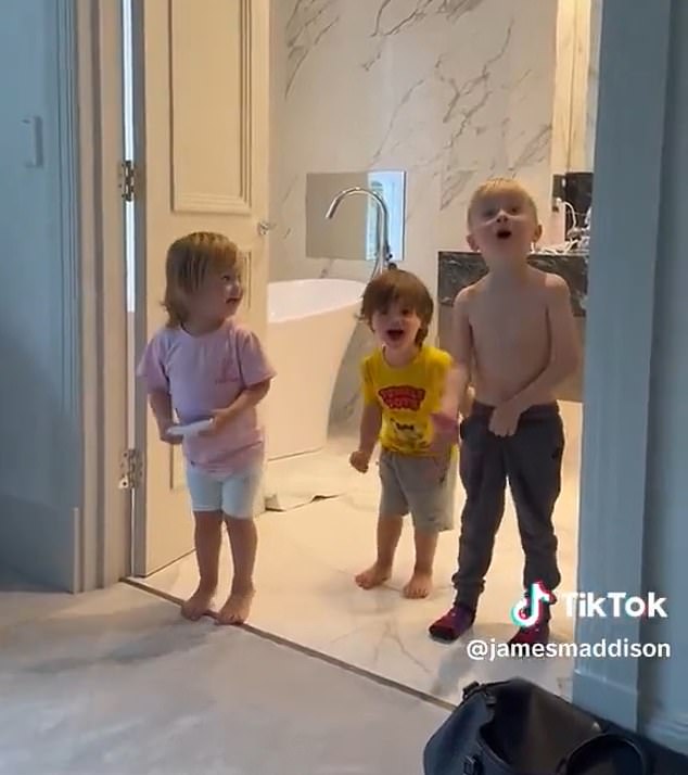 James Maddison shared an adorable moment with his three Tottenham-supporting children as he recovers from an ACL injury