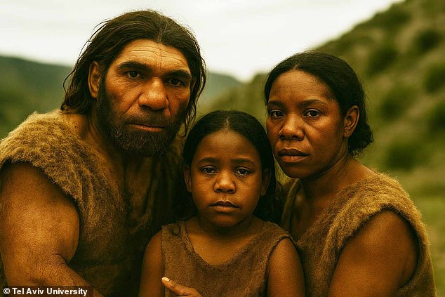 An AI reconstruction of a mixed Neanderthal-Homo sapiens family. Here, the father is depicted as Neanderthal while the mother is Homo sapien