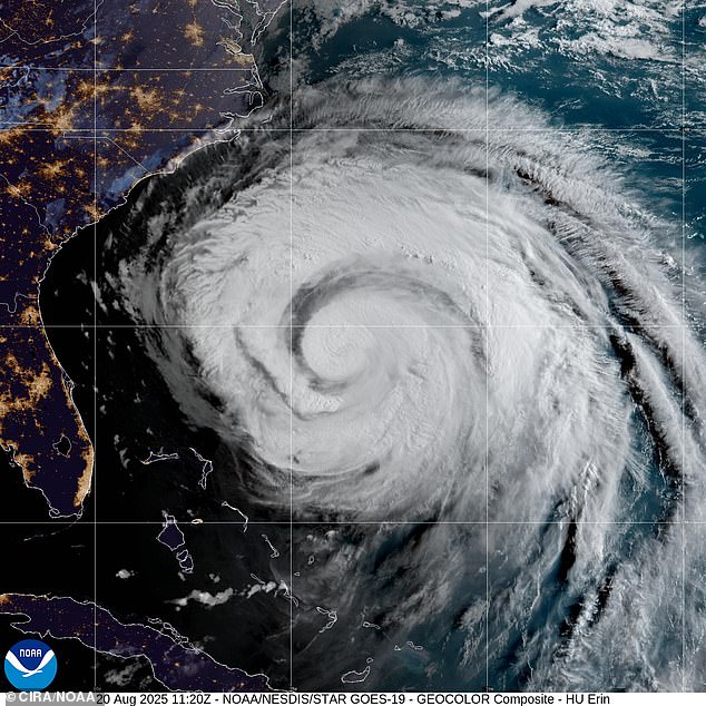Hurricane Erin is about 450 miles east of North Carolina where officials have ordered evacuations