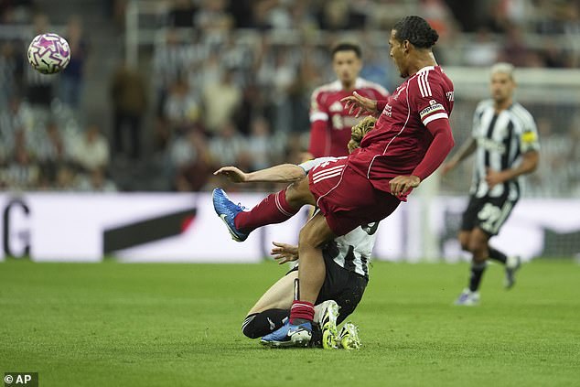 Anthony Gordon was sent off for a reckless challenge on Virgil van Dijk in the first half