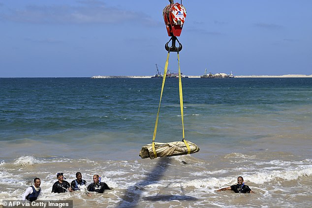 Archaeologists and divers used cranes to pull statues and remnants from the waters at Abu Qir bay in Alexandria