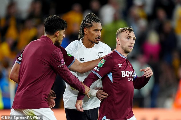 Jarrod Bowen was involved in a heated exchange with furious West Ham supporters after Tuesday’s 3-2 defeat at Wolves