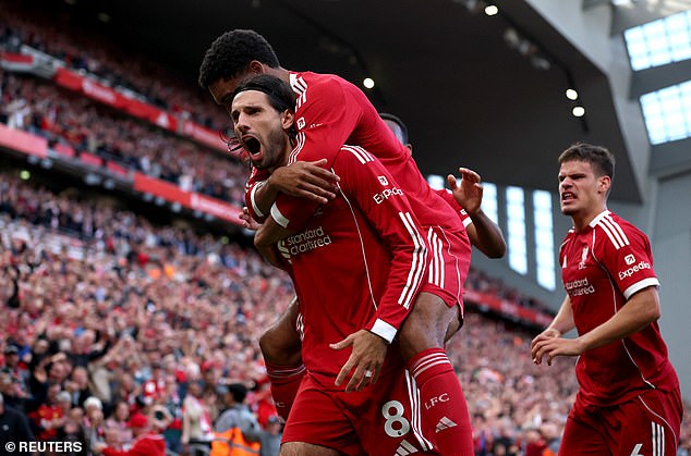 Dominik Szoboszlai celebrates after scoring the winning goal against Arsenal on Sunday