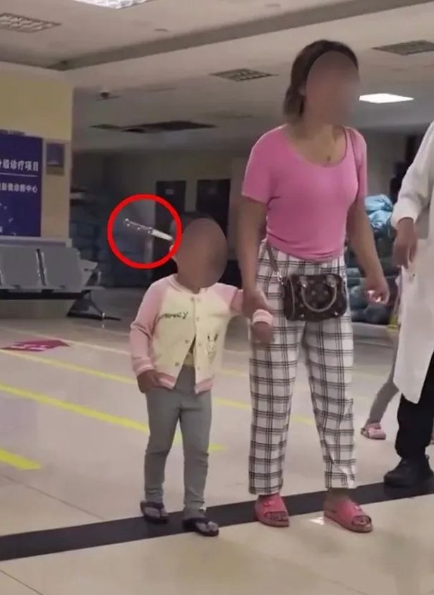 A three-year-old was taken to a hospital with a knife lodged in her head