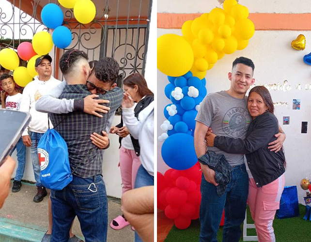 A pairing of two photos. In the photo on the left, two young men share a tearful hug. Several people nearby are emotional, as well. On the right, a young man and his mother hug.