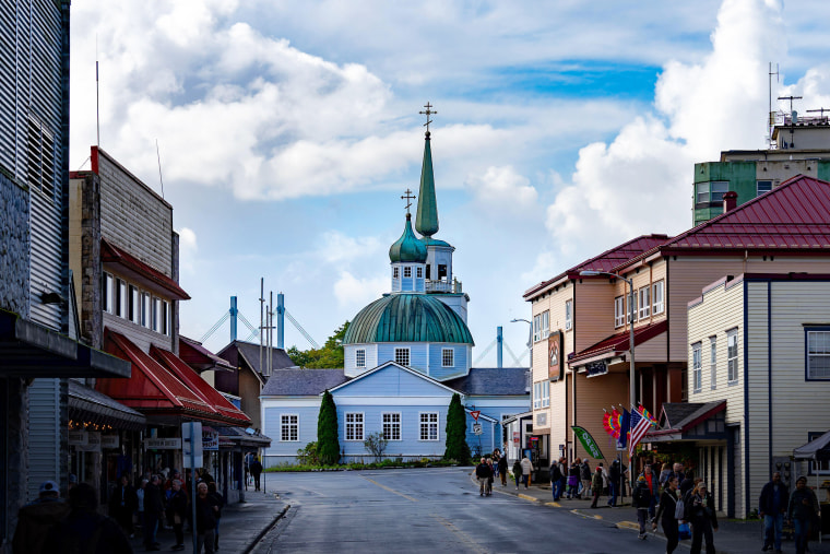 Sitka, Alaska, USA - September 24, 2024: St. Michael Cathedral, a national historic landmark, located on in downtown Sitka, Alaska.