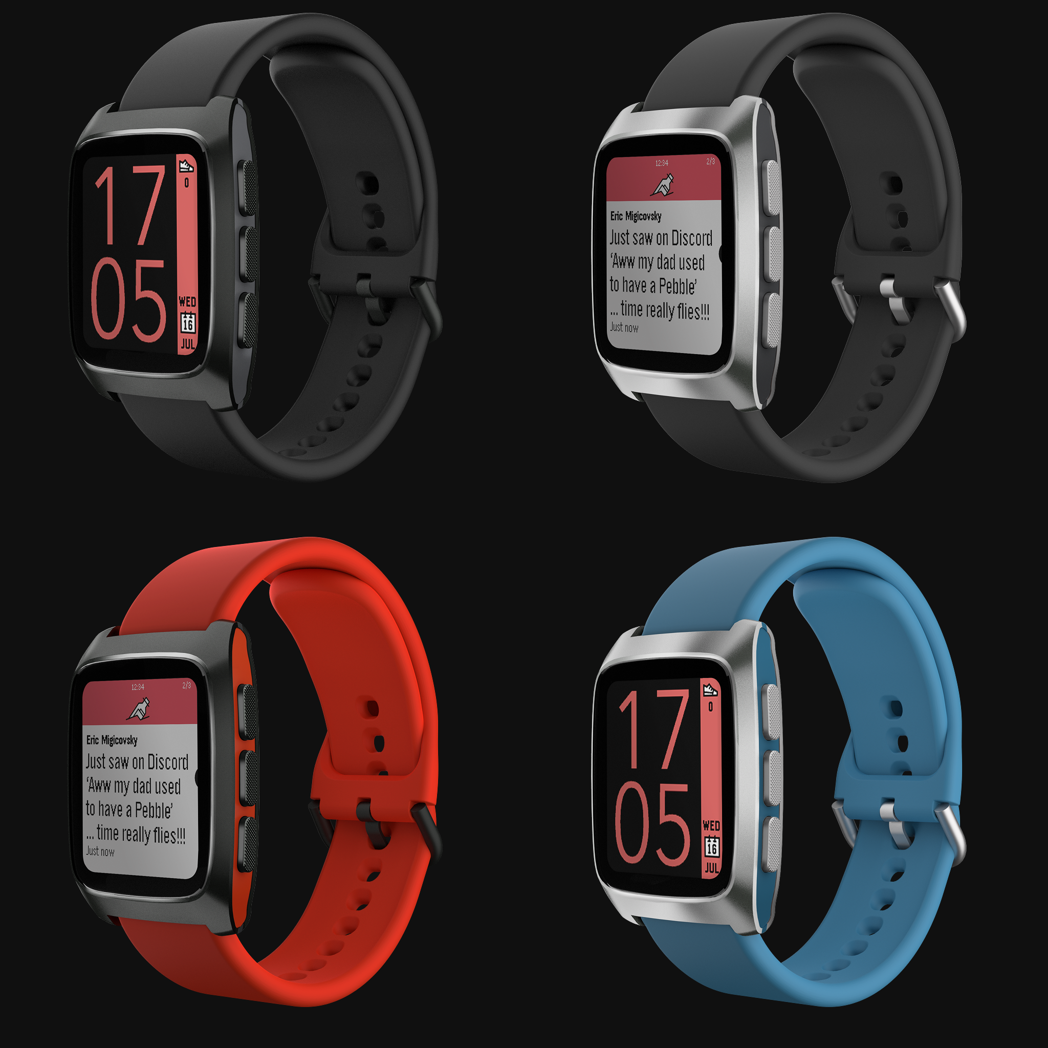 a photo of four pebble watches, ones with black, gray, red and blue bands.