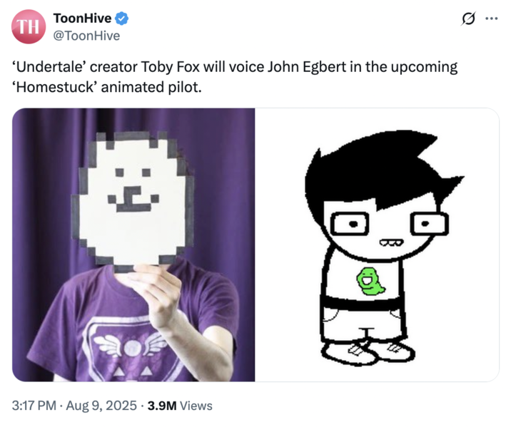 X account @ToonHive posted a tweet about Toby Fox reprising his voice acting role as John Egbert in Vivziepop