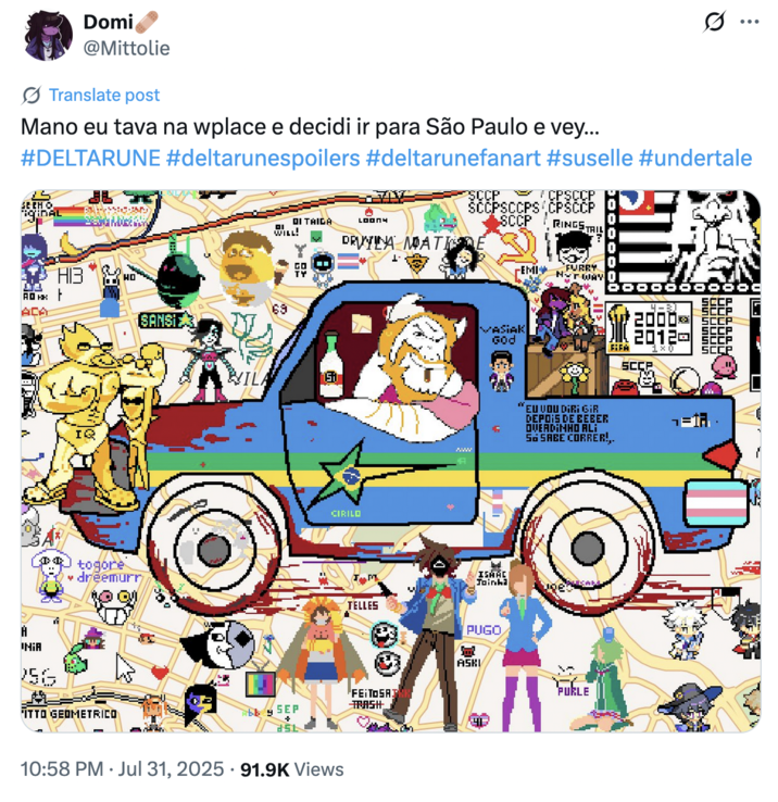 Brazilian X user @Mittolie posted a screenshot of the Sao Paulo map on Wplace on July 31st, 2025, gathering over 6,000 likes on an image that plays on the