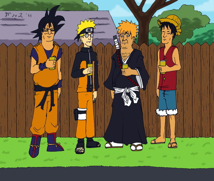 A piece of art by Garth2The2ndPower. The art mashes up King of the Hill and several animes.