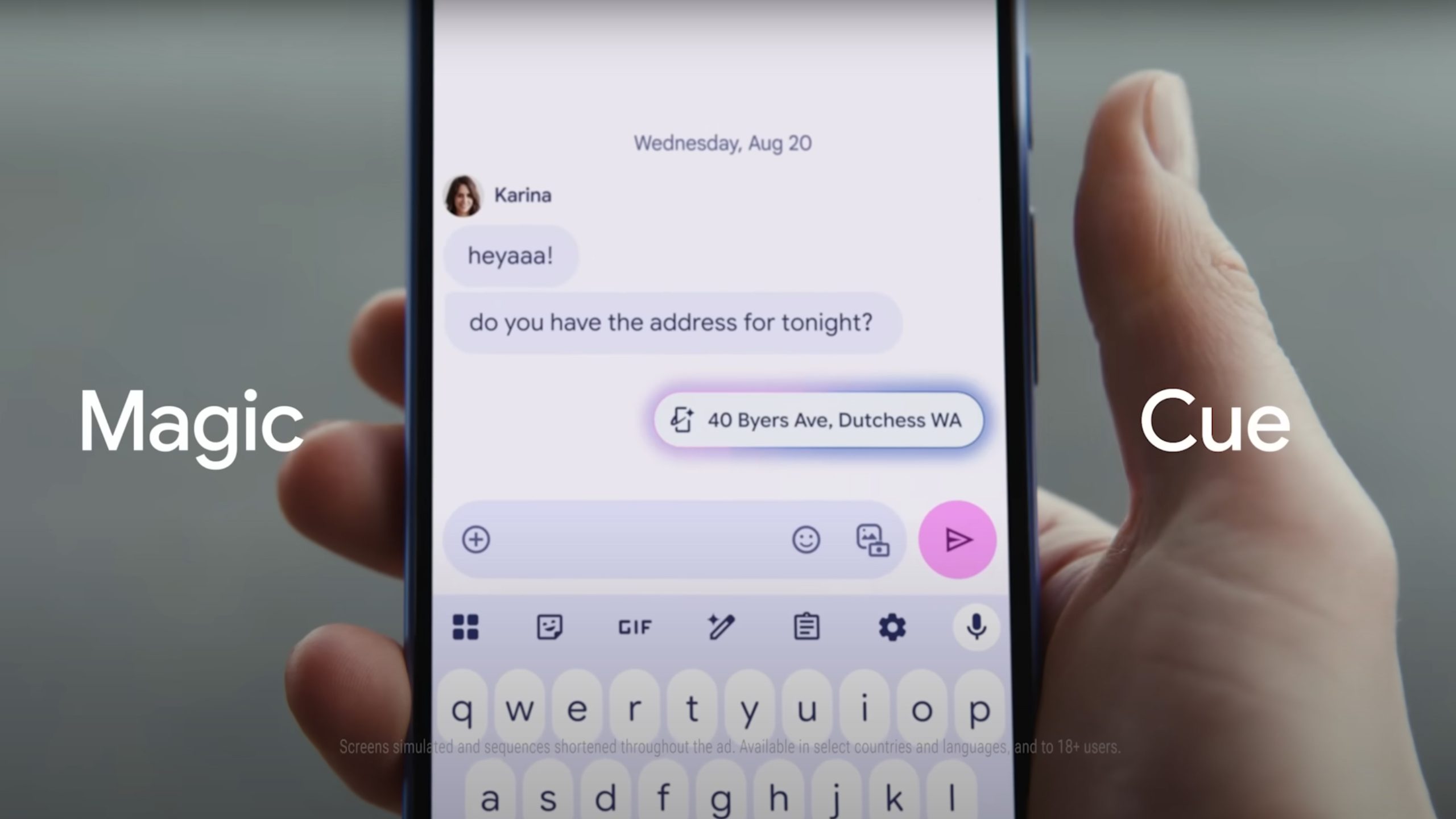 A hand holding a Google Pixel 10 phone showing the Magic Cue feature on a text message