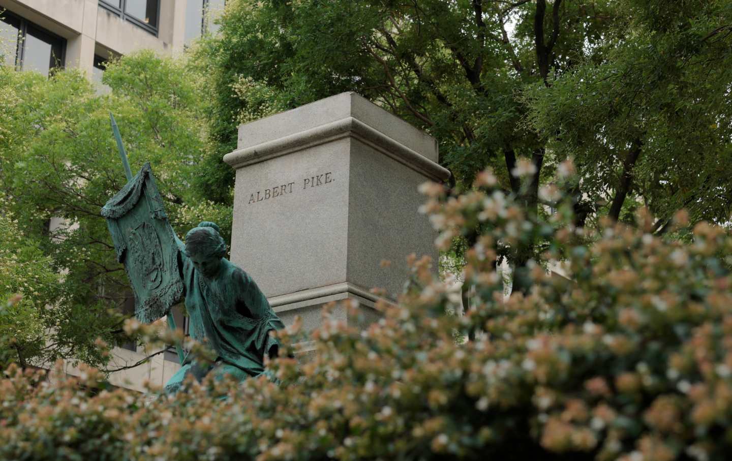 A pedestal that once held a statue of Confederate General Albert Pike sits near Judiciary Square on August 05, 2025 in Washington, DC.