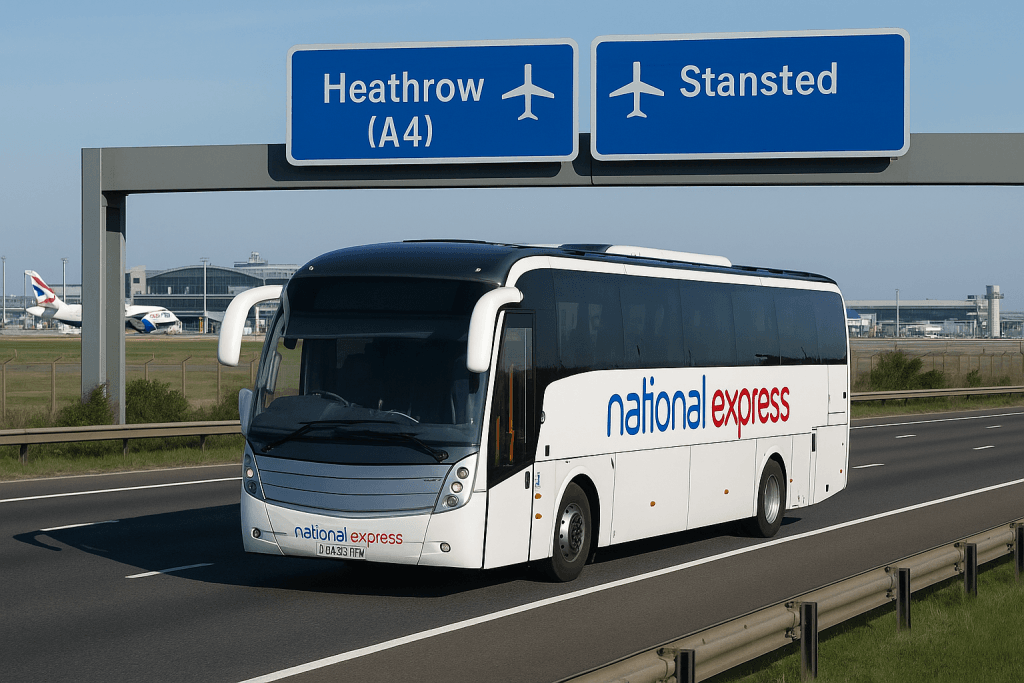 A picture of a National Express coach doing the Heathrow to Stansted transfer journey