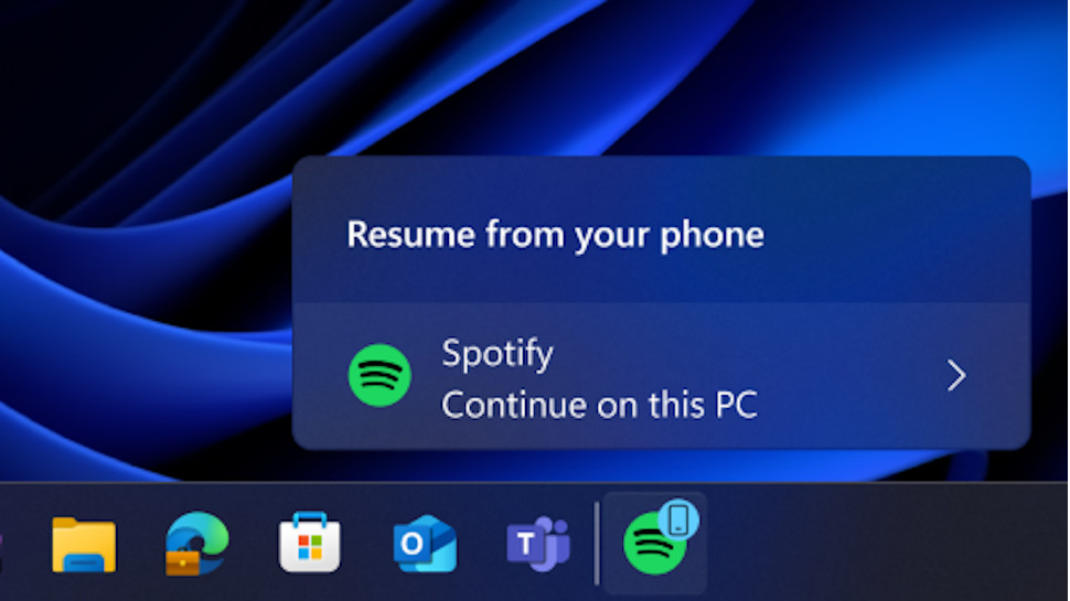 Windows 11 Resume feature shown offering to resume Spotify playback on PC