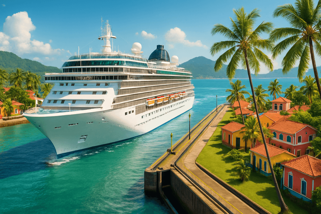 A picture of a cruise ship passing through a canal to illustrate the Mexico travel warning Panama Canal cruises