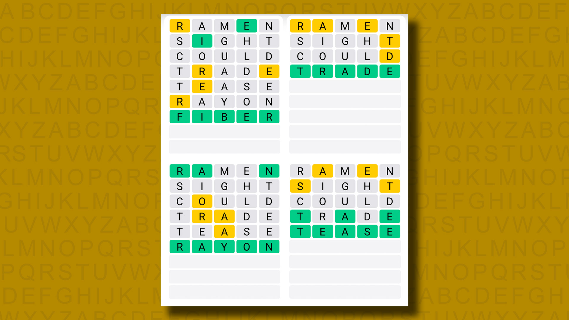 Quordle answers for game 1302 on a yellow background