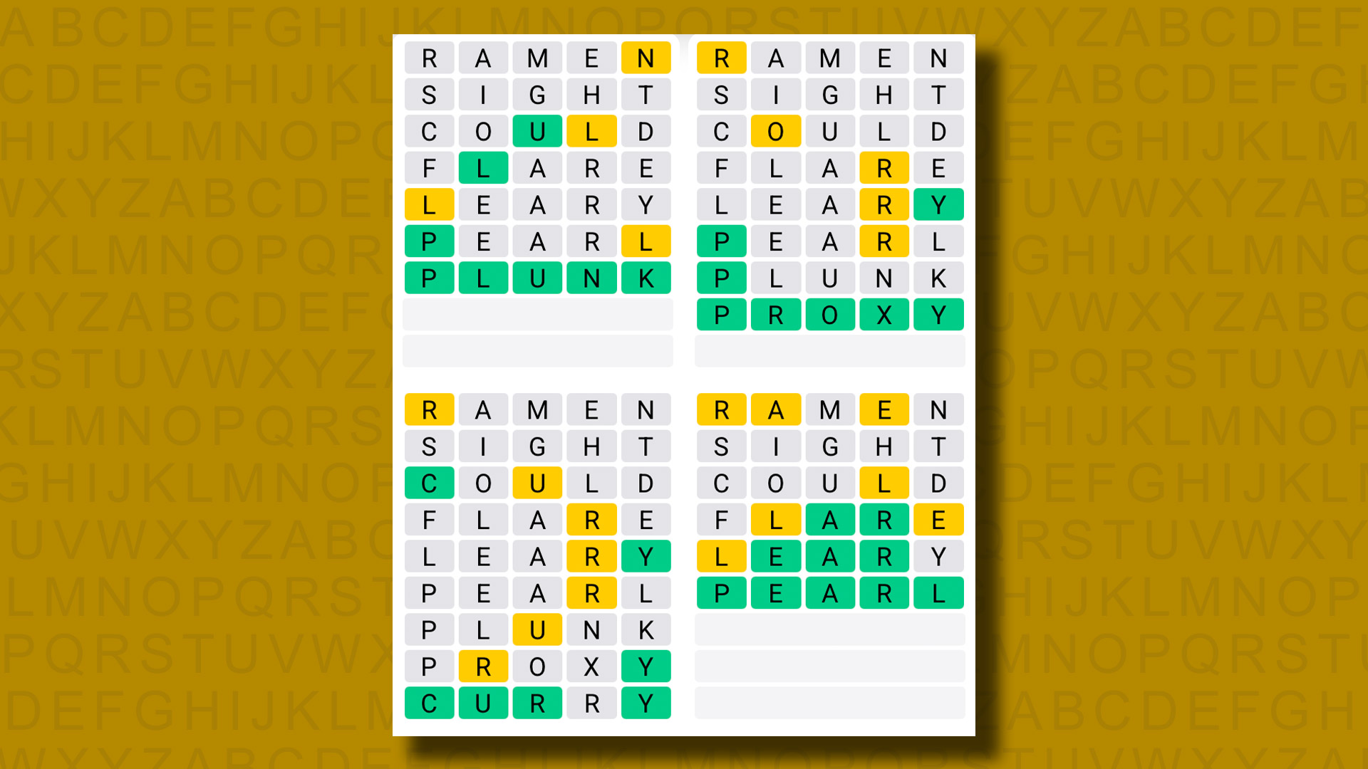 Quordle answers for game 1291 on a yellow background