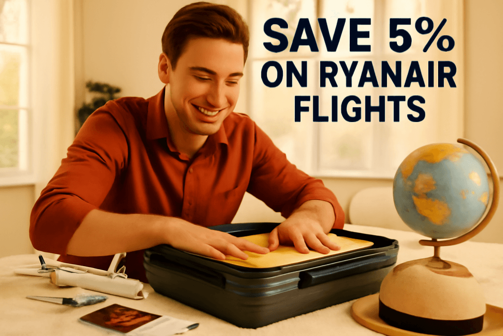 A picture of a man who is not bothering with a Ryanair discount code because he is saving 5% on his flights using Pay by Bank