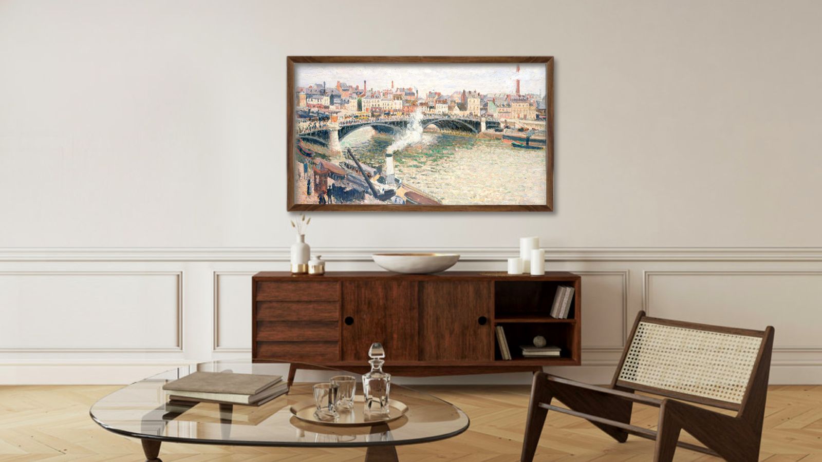Skyworth Canvas Elite Art TV against a plain wall above dark wooden furniture