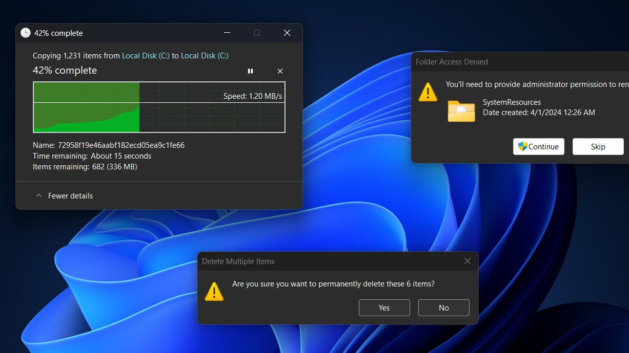 Windows 11 Dark Mode applied to file operations dialog boxes