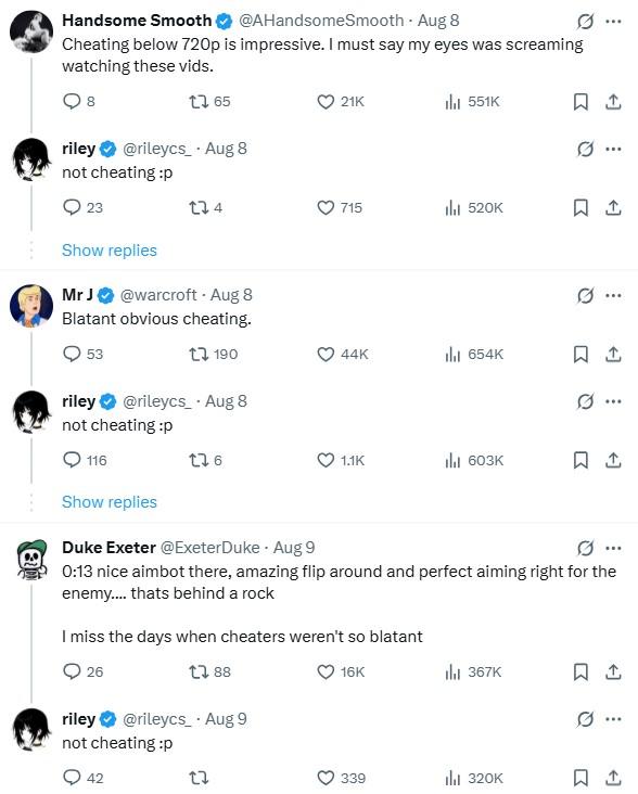 A selection of comments from a post by rileycs_. The comments accuse her of cheating and she denies them all.