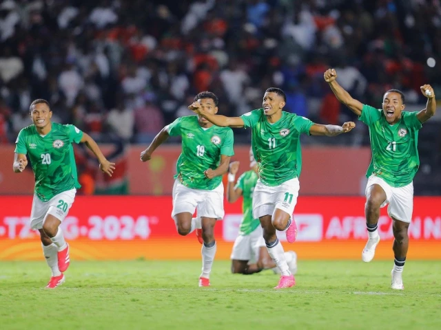 madagascar players celebrate victory during the 2024 african nations championship chan quarter final match between kenya and madagascar at the kasarani stadium in nairobi kenya on 22 august 2025