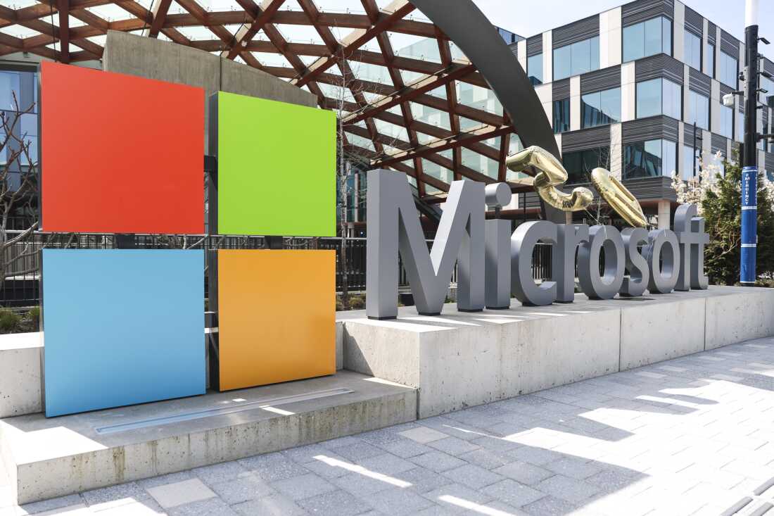 A Microsoft sign and logo are pictured at the company