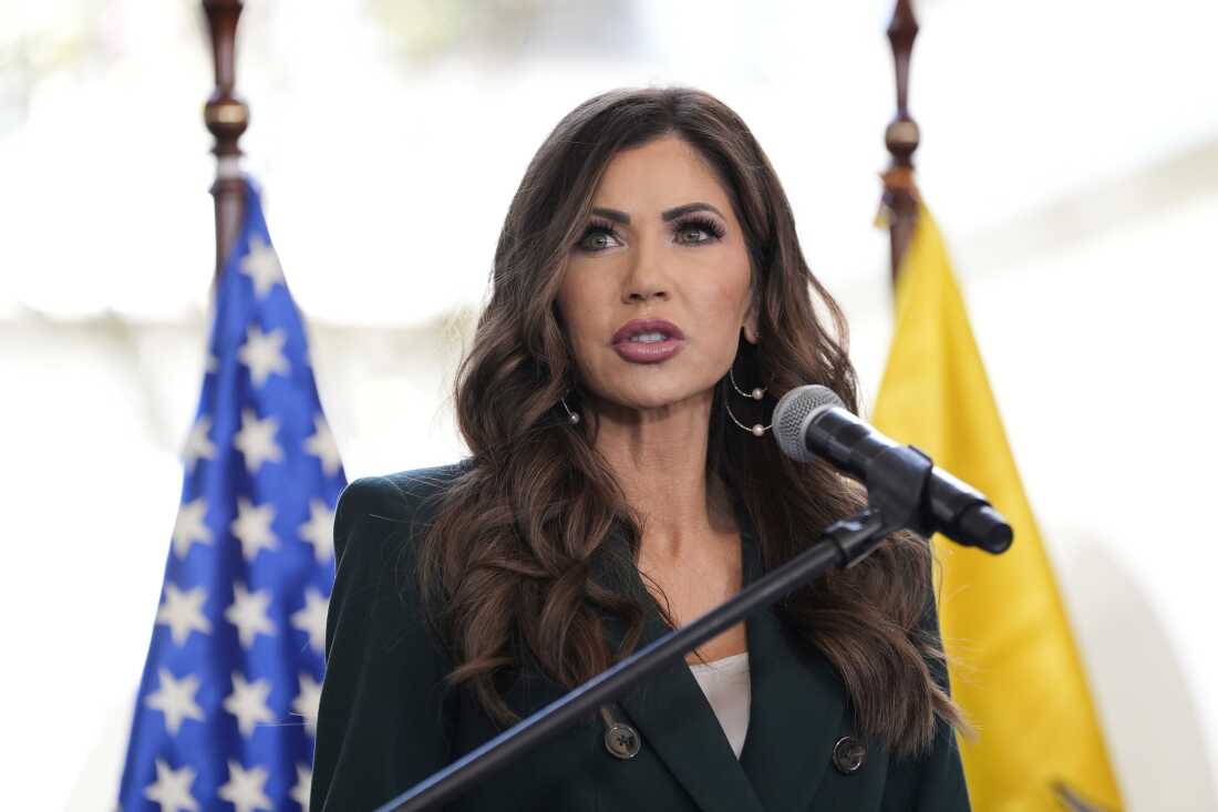 U.S. Homeland Security Secretary Kristi Noem speaks during a press briefing at the Ecuadorian Presidential Palace on July 31, 2025, in Quito, Ecuador.