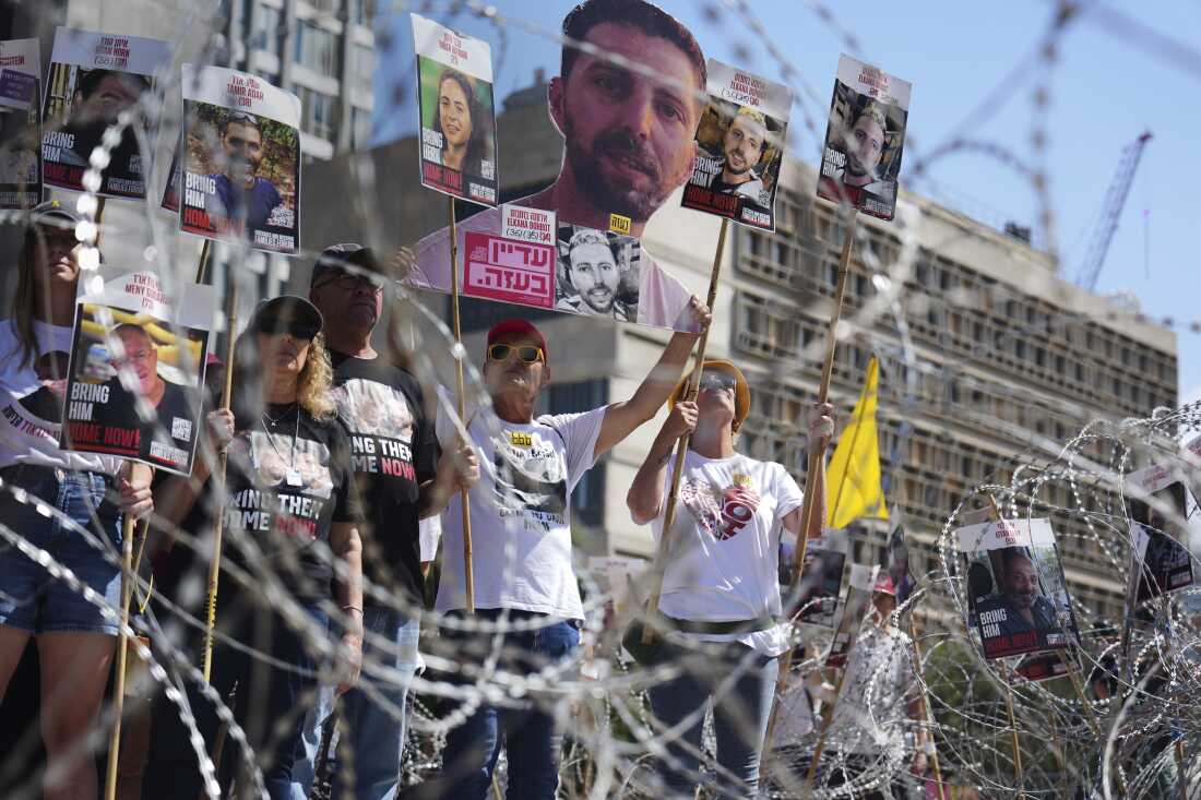 Families of hostages protest demanding the release of their loved ones from Hamas captivity in the Gaza Strip at the plaza known as the