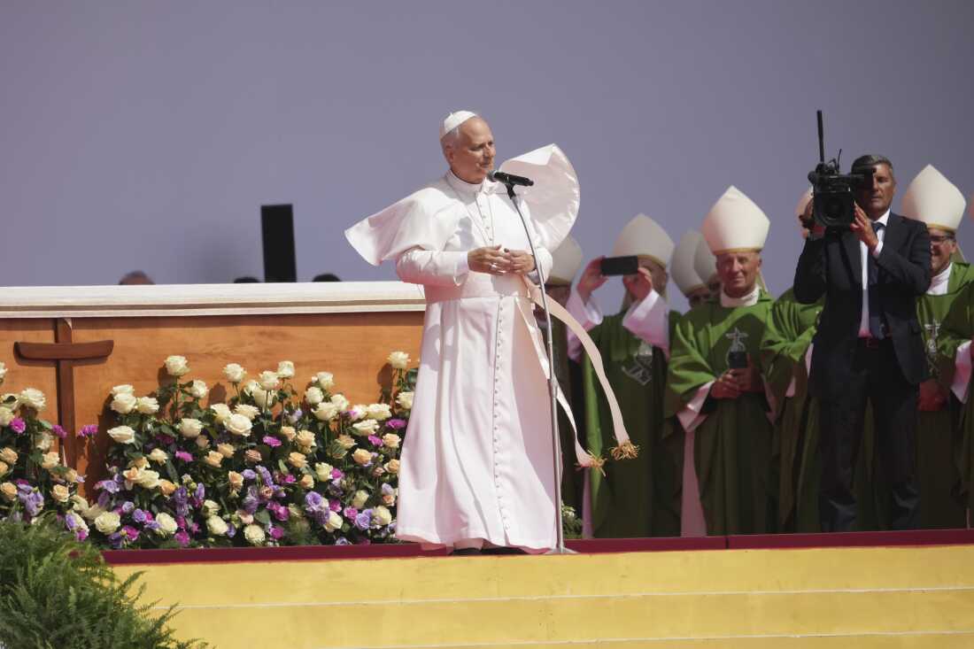 Pope Leo XIV holds a Mass with young people participating in the Youths Jubilee at the Tor Vergata field in Rome, Sunday, Aug. 3, 2025.