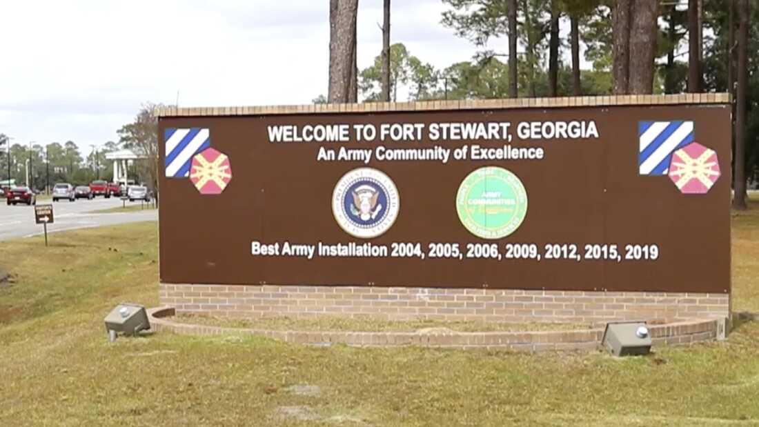 This image from video provided by the U.S. Army via DVIDS shows the entrance to Fort Stewart in Georgia on Nov. 18, 2021.