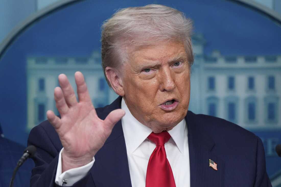President Donald Trump speaks with reporters at the White House on Aug. 11, 2025, in Washington.