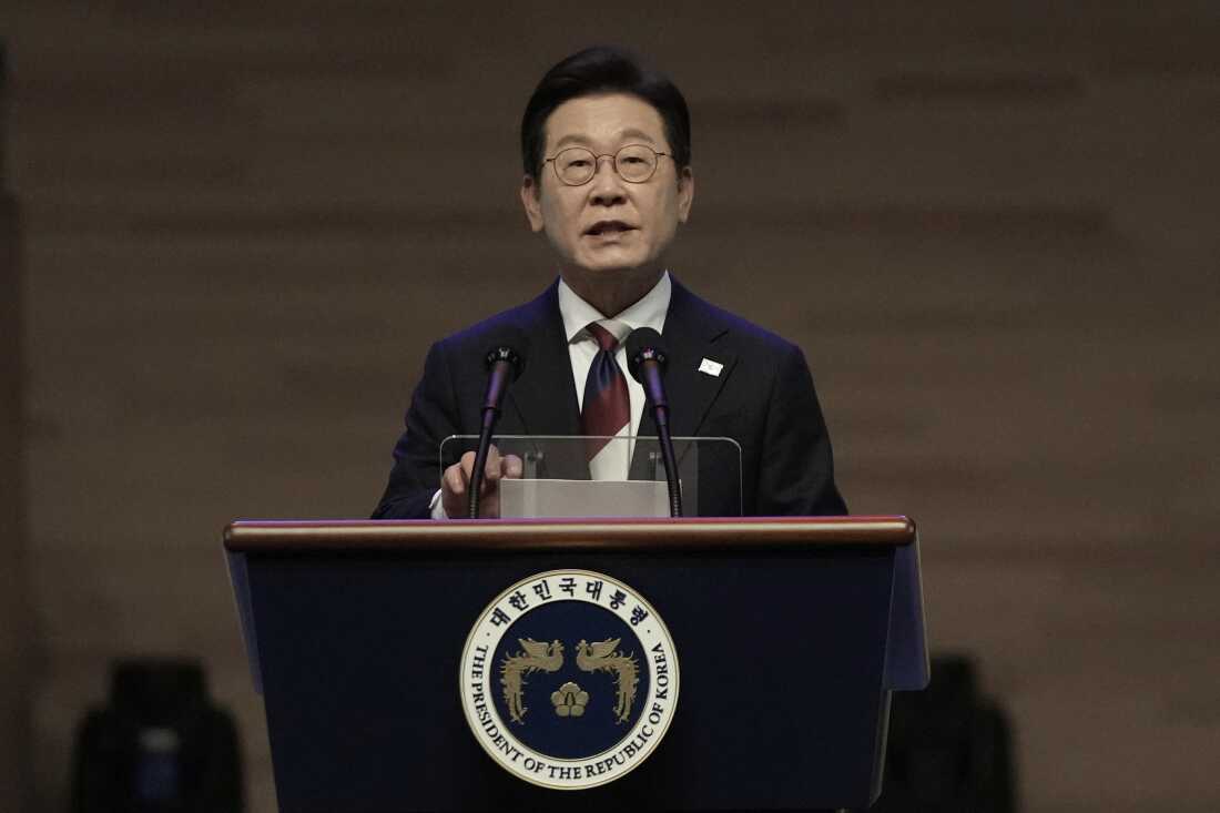 South Korean President Lee Jae-myung, shown speaking Aug. 15, 2025, is due to meet with President Trump during his first visit to Washington, D.C.