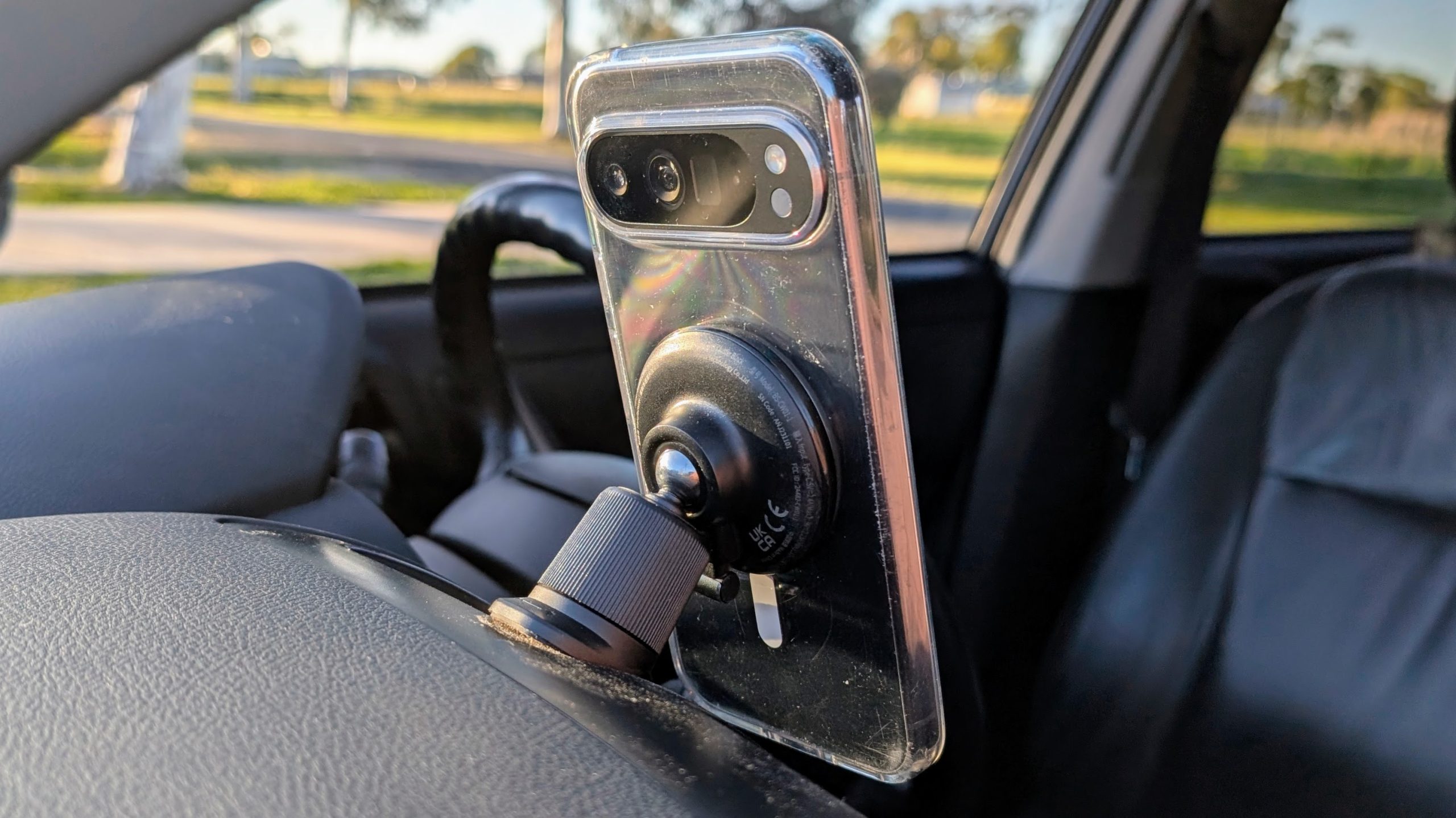 Pixel 9 magnetic wireless charging in a car